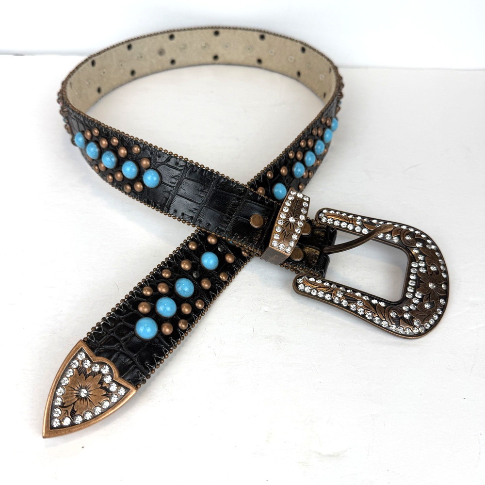 Angel Ranch Western Belt Size SM Black Leather Croc Embossed Copper Crystal Bead